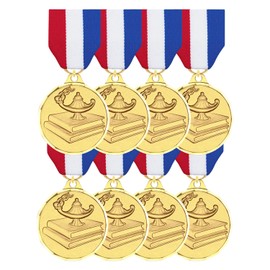SHOP AWARDS AND GIFTS 1-1/4 Inch Lamp of Learning and Books Die Struck Brass Award Medal, Gold Finish, Diamond Engraved Borders, Attached to a Red, White, and Blue Pin Back Ribbon, Pack of 8