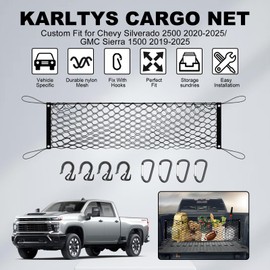 Karltys Truck Bed Cargo Net for Chevy Silverado 2500 2020-2026 / GMC Sierra 1500 2019-2026, Envelope Style Pickup Cargo Net, Elastic Heavy Duty Nylon Mesh Storage Netting Organizer