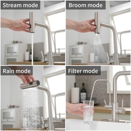 Kitchen Faucets with Water Filter and Pull Down Sprayer,Waterfall Kitchen Sink Faucet,Two Handle Sink Faucet with Pull Down Sprayer for 3 Function,Without Water Filtration Device,Brushed