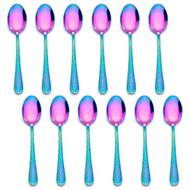 12-Piece Rainbow Coffee Spoons, E-far 6-Inch Stainless Steel Espresso Spoons, Small Metal Spoons for Coffer/Sugar/Tea, Hammered Design & Rust Free, Mirror Finish