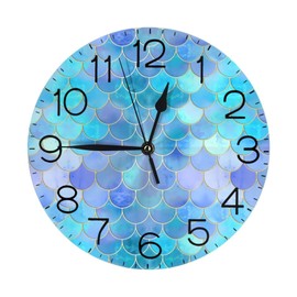 THOEWONG Round Wall Clock Silent Non Ticking Clock 10 Inch Decor for Bathroom Bedroom Kitchen Office School, Mermaid Scale Ocean Animal Sea Beach Theme Teal Blue