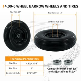 4.00-6 Tire and Wheel,13"Solid Tires,Excellent quality and High performance,Wheelbarrow Wheel with 1.75”-5.75”Centered Hub,5/8"&3/4" Bearing,Fit for Wheelbarrow/Wagon/Trolley/Garden Cart etc.(1pack)