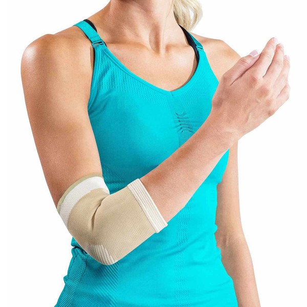 DonJoy Advantage DA161ES01-TAN-S Elastic Elbow Sleeve for Strains, Sprains, Swelling, Panels for Free Movement, Tan, Small fits 8", 9"