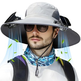 Solar Fan Hat, Wide Brim Sun Hat with 2 Built-in Solar Fans, UPF 50+ Sun Protection Outdoor Fishing Hiking Camping Beach, Light Grey, One Size