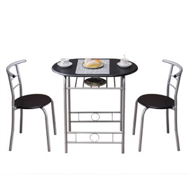 3-Piece Dining Table Set - Small Kitchen Breakfast Table Set - Wooden Table and 2 Chairs with Metal Frame - Compact Breakfast Nook Dining Set with Built-in Wine Rack - Space Saving - Black