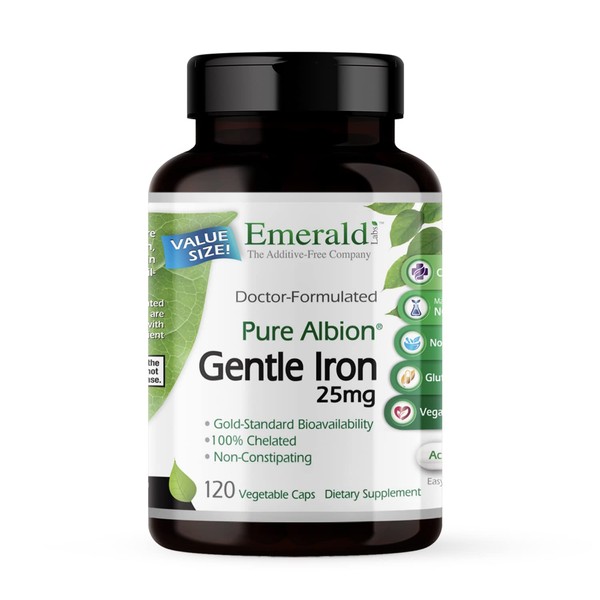 Emerald Labs Gentle Iron 25mg - Non-Constipating Dietary Supplement with Ferrous Bisglycinate Chelate and Tocotriene Complex - Energy Booster - 120 Vegetable Capsules