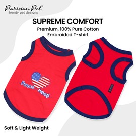 Parisian Pet 4th of July Dog T-Shirt - Embroidered Peace Love Woof 100% Cotton, Independence Day Dog Shirt - Breathable Dog Clothes - Red Sleeveless Dog Shirts for Large Dogs - Pet Vest - XL