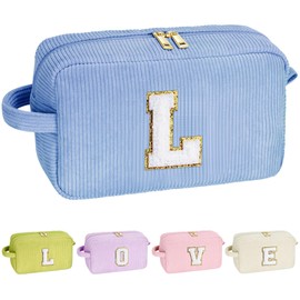 YOOLIFE Cosmetic Bags for Women - Birthday Gifts for Girls Women Preppy Stuff Travel Makeup Bag Teacher Appreciation Gifts Makeup Bags Corduroy Blue Makeup Bag Girlfriend Granddaughter Gifts Letter L