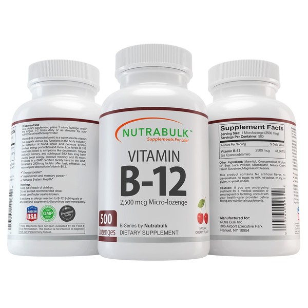 NutraBulk Vitamin B-12 Capsules 2500 mcg Micro-Lozenge | Supports Cognitive & Overall Well Being, Helps to Assist Brain & Memory Power, Boosts Energy | Cherry Flavour - Sublingual Tablets (500 Count)