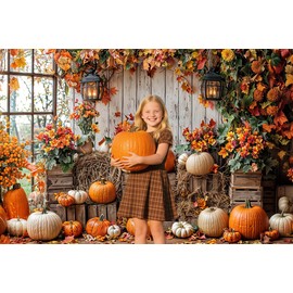 7 x 5 ft Fall Backdrop Autumn Pumpkin Rustic Wooden Floor Barn Harvest Family Holiday Photo Background Maple Leaves Thanksgiving Photoshoot Portrait Photo Backdrops Decorations
