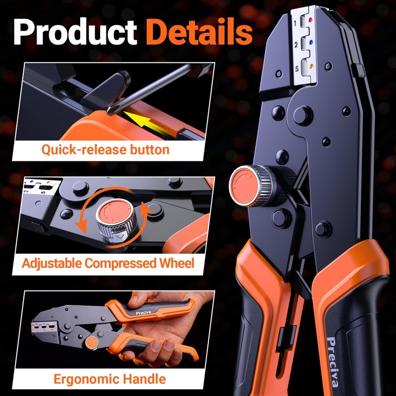 Preciva Crimping Tool Kit with 6 Interchangeable Jaws, Adjustable Ratchet