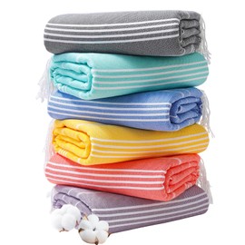Genovega 6 Oversized Cotton Turkish Beach Bath Towel Set Bulk 74"x38" Extra Large Sand Free Quick Dry Swimming Camping Pool Clearance Towels Blanket Essentials Adult Multi Blue Stripes