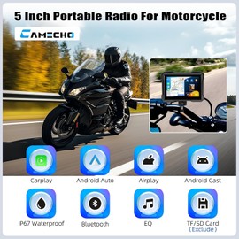 CAMECHO Portable Car Play Screen for Motorcycle, Wireless CarPlay & Android Auto for Motorbike, 5" IP67 Waterproof Touch Screen Motorcycle Carplay GPS,Bluetooth, Support Siri USB TF EQ 12V