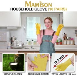 Mamison 10 Pairs Simple and Short Hands Gloves, Reusable Waterproof Household Dishwashing Cleaning Non-Slip Kitchen Rubber Glove(Large)