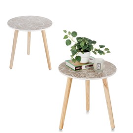 Hanobe Side Table Small Round: Boho End Tables for Living Room Set of 2 Bohemian Accent Bedside White Washed Bedroom Nightstand Farmhouse Home Decor Decorative with 3 Wood Legs Easy Assembly