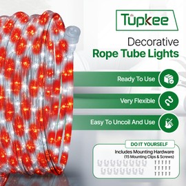 Tupkee LED Rope Light Red & Cool White - for Indoor and Outdoor use, 24 Feet (7.3 m) - 10MM Diameter - 144 LED Long Life Bulbs Rope Tube Lights
