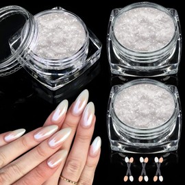 3Boxs White Pearl Chrome Nail Powder - GJNL High Gloss Glassy White Pearl Pigment Powder for Nails, Pearlescent Glazed Doughnut Glitter Powder Nail Powder