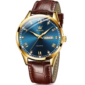 OLEVS Mens Leather Watch Brown Watches for Men Blue Dial Men's Round Watches with Leather Band Classic Diamond Big Face Mens Wrist Watch with Day Date Waterproof Reloj De Hombre
