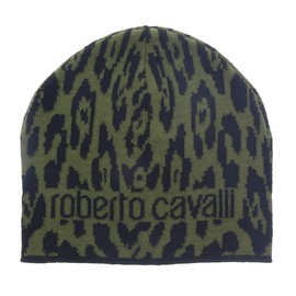ROBERTO CAVALLI ESZ026 D0491 Black/Military Green Jaguar Beanie Hat for Mens