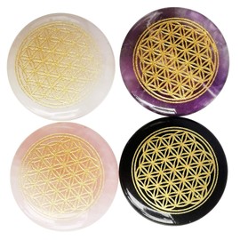 Loveliome 4 Pcs Flower of Life Symbol Polished Palm Stone for Reiki Crystal Healing Engraved Positive Energy Pocket Stone,Amethyst+Rose Quartz+Black Obsidian+Rock Quartz