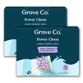 Grove Co. Laundry Detergent Sheets, Power Clean Dissolving Washer Sheets (2 Pack - 64 Loads) Tough Stain Remover, 100% Natural Lavender Blossom & Thyme Fragrance