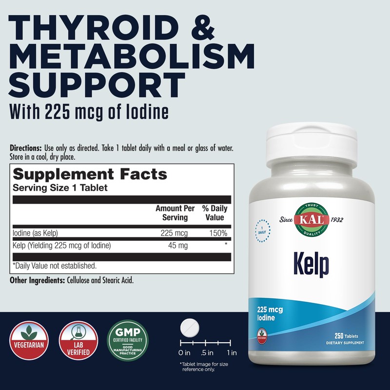 KAL 225 Mcg Kelp Iodine Tablets, 250 Count