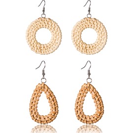 Rattan Earrings Hoops For Women Large Woven Handmade Straw DIY Teardrop Circle Bohemian Style Clip Lightweight Disc Wickers