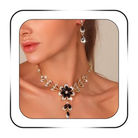 SAWINDA Gold Black Jewelry Set Rhinestone Necklace Earrings Sparkly Flower Crystal Necklace Set Wedding Prom Formal Trendy Jewelry Accessories for Brides Women