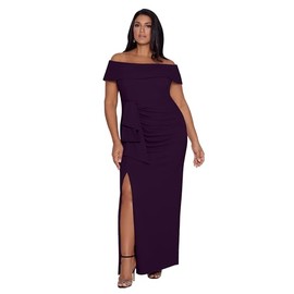 Xscape Women's Plus Size Long Off The Shoulder Scuba Crepe Dress, Mulberry, 14W