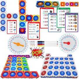 4in1 Interactive Multisensory Montessori Phonetics Toy with Huge Alphabet Pop Building Block &570 Words 4 Levels Phonics Handwritten Flash Cards for age 3+.Infinite Word Builder &Word Pop &Blend Sound