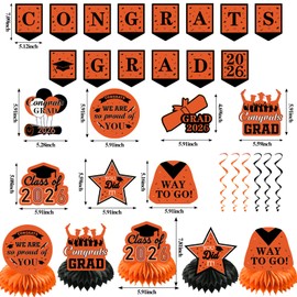 Orange and Black Graduation Decorations Class of 2026 Grad Party Decor Pack, Congrats Grad Banner and Backdrop with Graduate Centerpieces Hanging Swirls Tissue Pom Poms Paper Flower Set