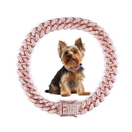 12 Inch Cuban Link Dog Collar, Rose Gold Crystal Pet Chain Necklace, Metal Pet Necklace with Safety Buckle Lock, for Small Medium Large Dogs Cats