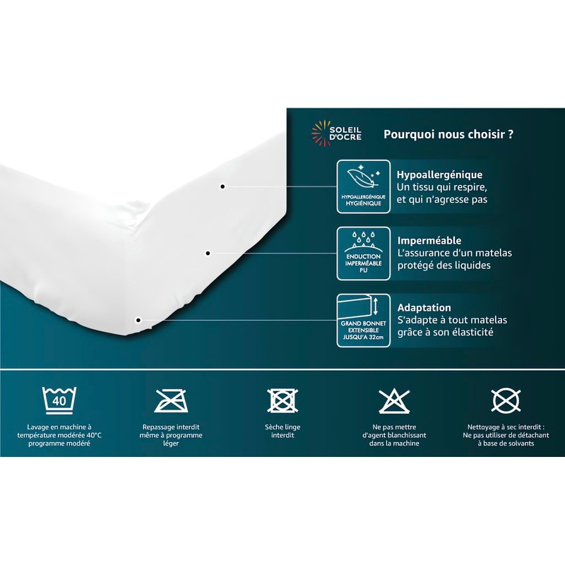 Soleil d'Ocre Protected Mattress, White, 2 x 90 x 200