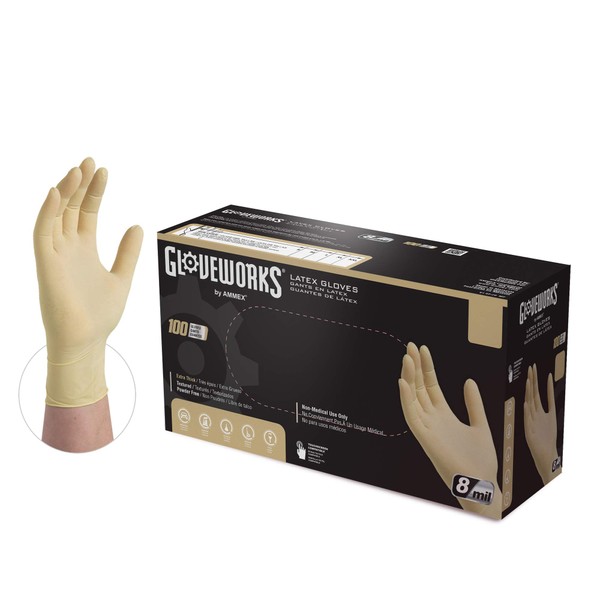 GLOVEWORKS HD Industrial Ivory Latex Gloves, Box of 100, 8 Mil, Size Large, Powder Free, Textured, Disposable, ILHD46100-BX ,Beige