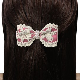 Triple Rose Lace Faux Pearl Bow Hair Clip - Magenta