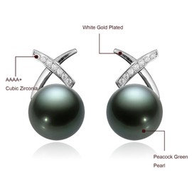Salanda Pearl Earrings for Women,CZ Pearl Dangle Earrings 18K White Gold Plated Hypoallergenic Earrings Pearl Drop Earrings Peacock Green 10mm