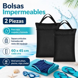 2 Bolsas para Ropa Mojada con Asa, Bolsas Impermeables para Ropa Sucia Reutilizables, Tamaño 60 x 45 cm, Ideal para Ropa de Gimnasio, Natación, Pañales de Bebé, Viajes y Uso Diario (Negras)