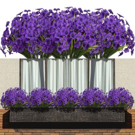 LANKAMO 15 Bundles Artificial Flowers Fake Silk Flowers Outdoor UV Resistant Faux Flowers Plastic Fabric Greenery Plants for Hanging Planter Kitchen Home Office Wedding Garden Decoration（Purple）