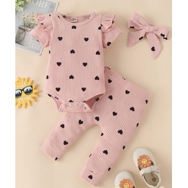 Fullfamous Infant Baby Girl Clothes Outfits,Spring Summer Romper and Pant Set 6-9 months Pink Heart