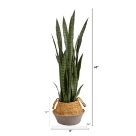 Nearly Natural 46-in Artificial Tall Snake Plant Sansevieria, Faux Snake Plant for Indoor Home Decor, Boho Chic Handmade Cotton & Jute Grey Woven Planter, Fake Plant for Office, Living Room, Bedroom