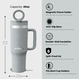 JetFresh 40 oz Tumbler with Handle and Straw Magnetic Phone Holder Tripod Lid Perfect for Car Phone Holder - Insulated Stainless Steel Leak Proof Spill Proof Water Tumbler for Men and Women Cup