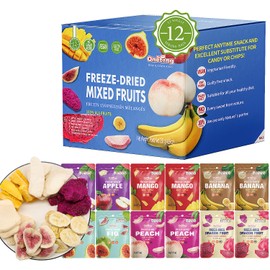 ONETANG Freeze-Dried Mixed Fruit, 12 Pack Single-Serve Pack, Non GMO, Kosher, No Add Sugar, Gluten free, Vegan, Holiday Gifts, Healthy Snack, Blue Box, 0.35 Ounce