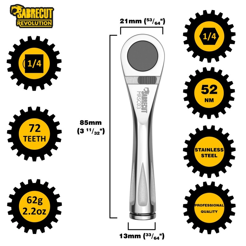 SabreCut 1 x MRSC03 Mini Micro Ratchet 1/4" Square 6.3mm