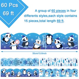 Whaline 69Ft Winter Bulletin Board Border Decorations Blue Holiday Snowflake Snowman Penguin Wave Trim Border Self-Adhesive Label Sticker School Classroom Office Chalkboard, 60Pcs