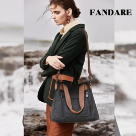 FANDARE Vintage Handbags Canvas Shoulder Bags Women Messenger Crossbody College Tote Bag for 12.9 inch tablet laptop Shopping Travel Office Business Satchel Bag Black