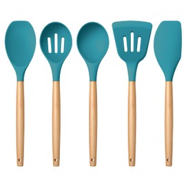 E-far Silicone Cooking Utensils Set, 5-Piece Kitchen Utensils Set with Wooden Handle for Cooking, Silicone Kitchen Nonstick Tools Spatula Turner Slotted Spoons, Nontoxic & Heat Resistant-Blue
