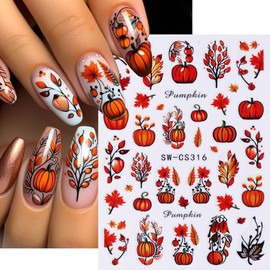 6Pcs Fall Nail Stickers for Nail Art Thanksgiving Pumpkin Nail Art Stickers Leaf Tree Nail Decals Autumn DIY Self Adhesive Nail Design Supplies Nail Decoration for Women Girls Manicure Accessories