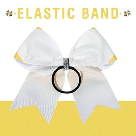 DEEKA 1 PCS 8" Large Glitter Cheer Bows with Iridescent Rhinestones Colorful Stiff Hair Elastic Band Ponytail Holder for Cheerleader Girls Sports (White/Yellow/Black)