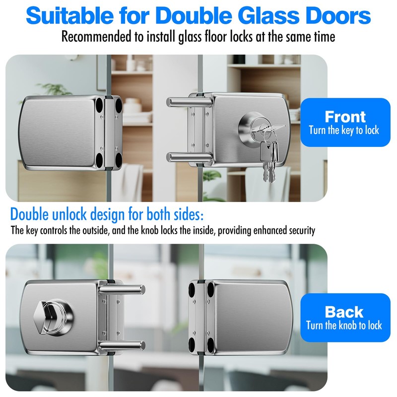 Ranbo No-Drill Double Glass Door Lock with Key for Swing