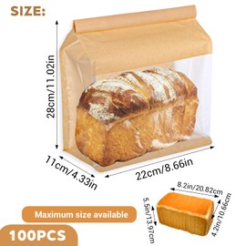 100 Pcs Heavy Duty Large Kraft Paper Bread Bags with Tin Tie Tab Lock, Loaf Bag with Clear Front Window, Storage Packaging Treat Bag for Bakery Cafe Homemade Bread 11.2” × 4.3” × 8.7”